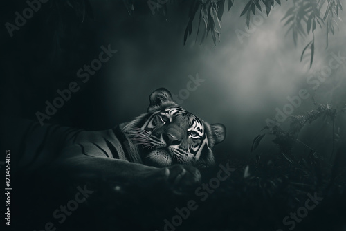 Obraz na płótnie Close-up portrait of lazy tiger lying down in foggy jungle environment. Black and white image. w salonie