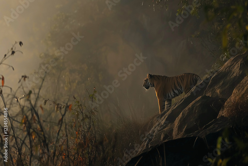 Obraz na płótnie Tiger standing on rocky slope in foggy natural environment. w salonie