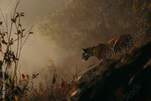 Tiger standing on rocky slope in foggy natural environment.