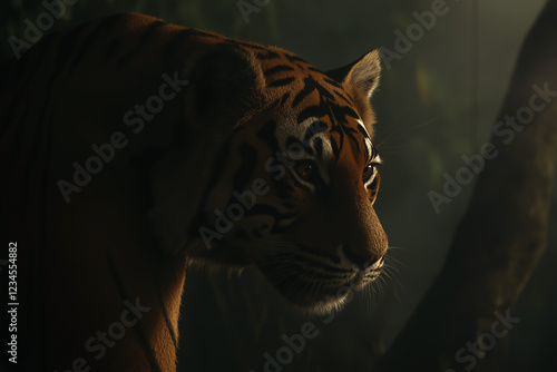 Obraz na płótnie Close-up portrait of tiger in foggy jungle environment. w salonie