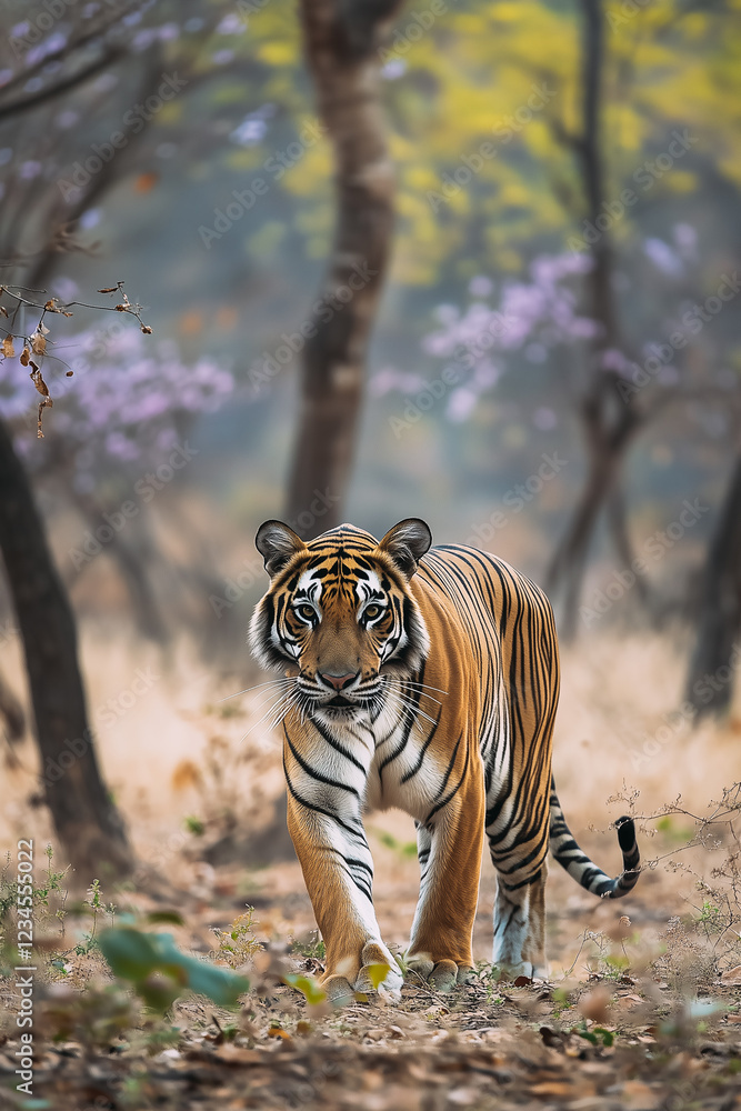 Tiger walking on a sandy track in nature reserve.