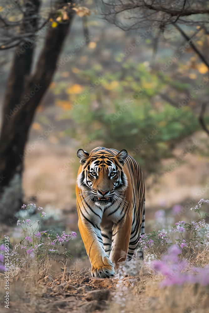 Tiger walking on a sandy track in nature reserve.