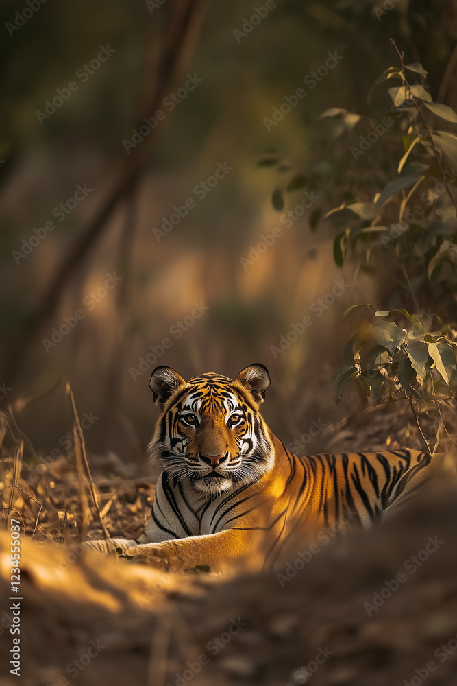 Lazy tiger lying down on sandy ground in nature reserve. Enjoying low sunlight.