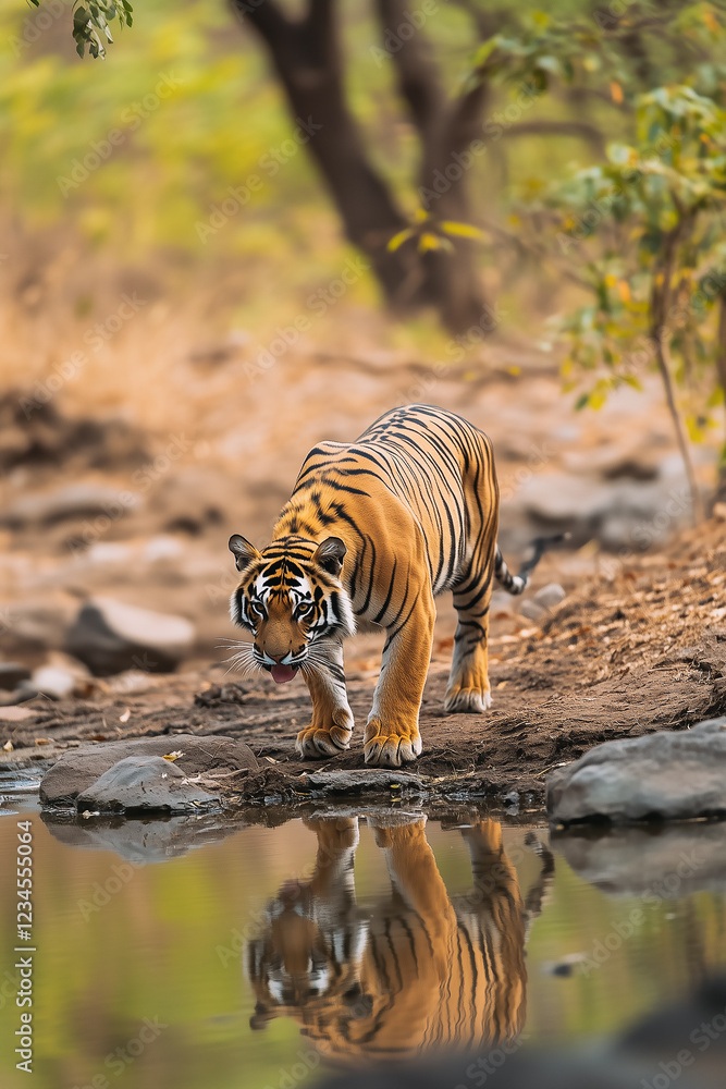 Tiger standing by pool of water in a nature reserve.