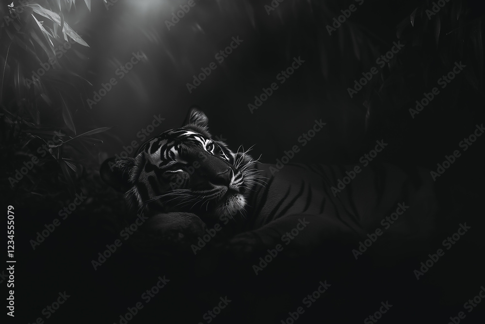 Close-up portrait of lazy tiger lying down in jungle environment. Black and white image.