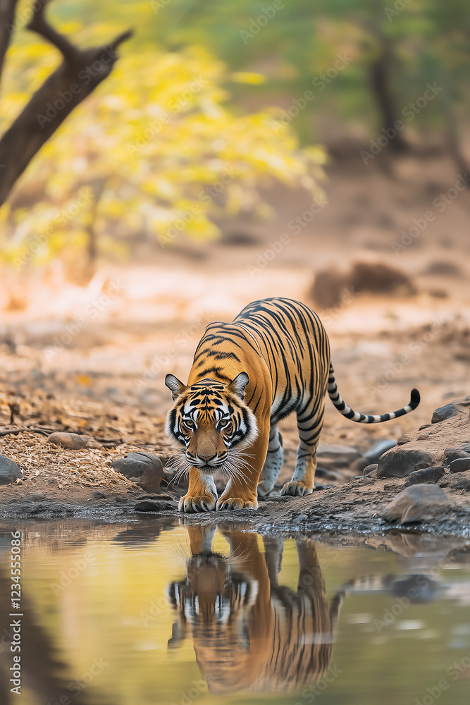 Tiger standing by pool of water in a nature reserve.