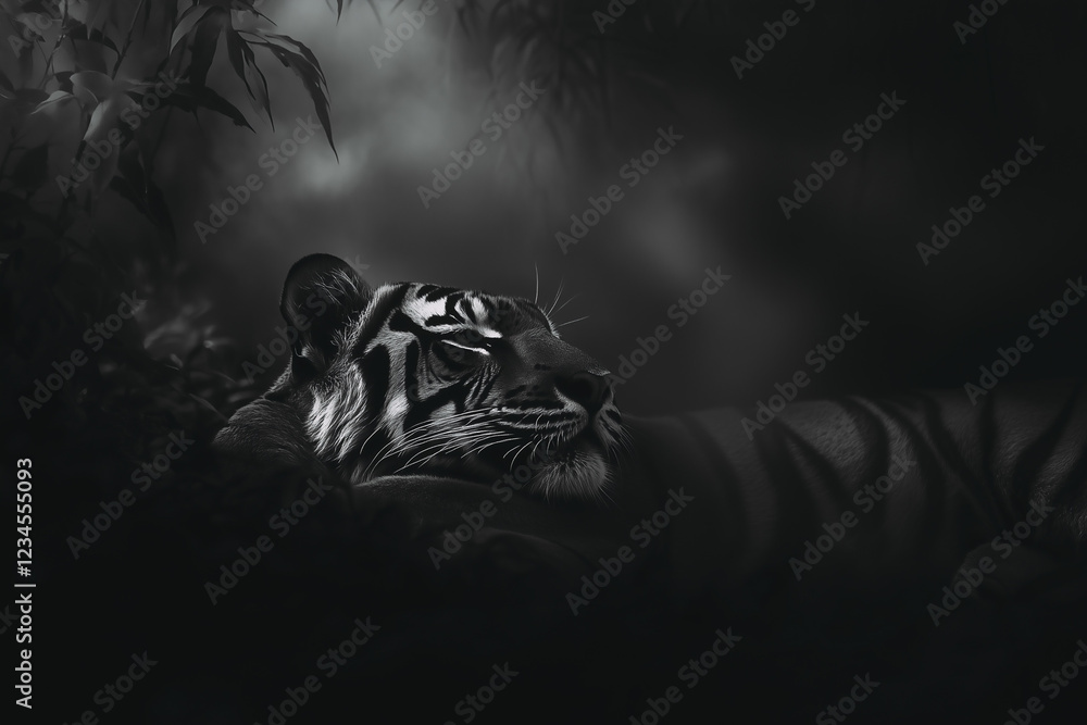 Close-up portrait of lazy tiger lying down in jungle environment. Black and white image.