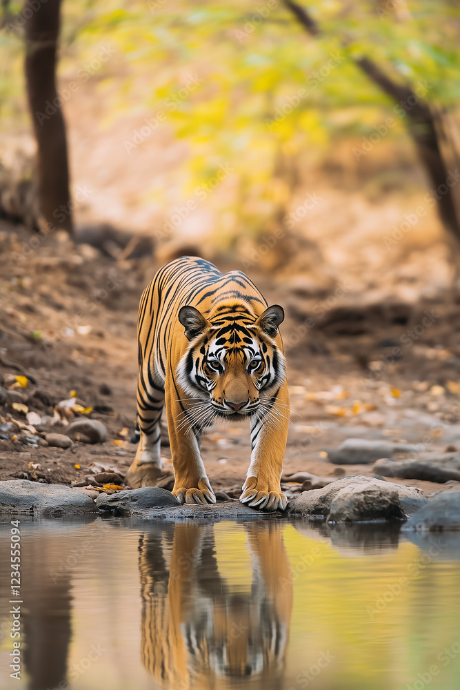 Tiger standing by pool of water in a nature reserve.