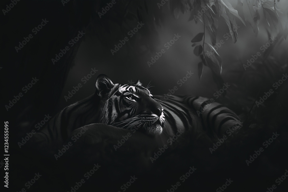 Close-up portrait of lazy tiger lying down in jungle environment. Black and white image.