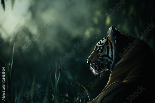 Obraz na płótnie Close-up portrait of tiger in misty jungle environment. w salonie