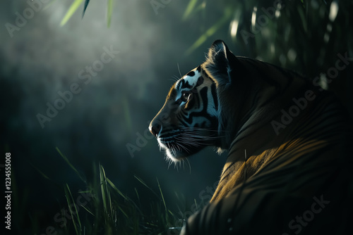 Close-up portrait of tiger in misty jungle environment.