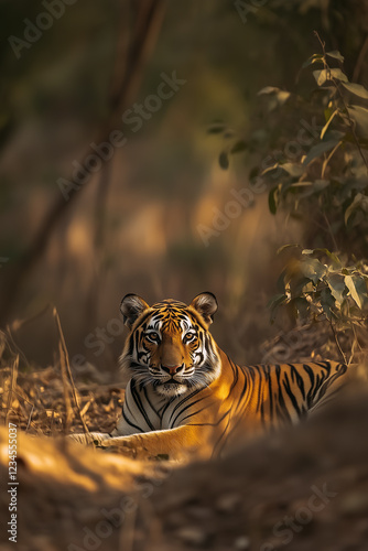 Obraz na płótnie Lazy tiger lying down on sandy ground in nature reserve. Enjoying low sunlight. w salonie