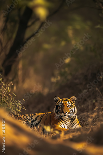 Lazy tiger lying down on sandy ground in nature reserve. Enjoying low sunlight.