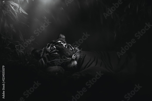 Obraz na płótnie Close-up portrait of lazy tiger lying down in jungle environment. Black and white image. w salonie