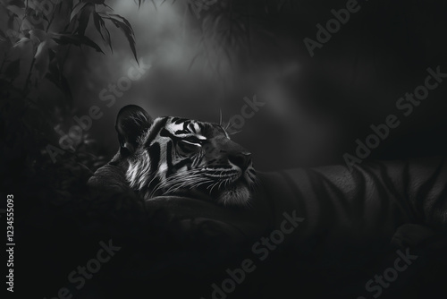 Close-up portrait of lazy tiger lying down in jungle environment. Black and white image.