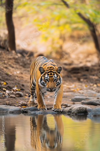 Obraz na płótnie Tiger standing by pool of water in a nature reserve. w salonie