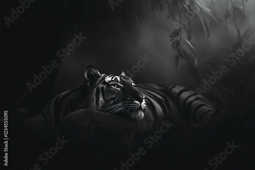 Obraz na płótnie Close-up portrait of lazy tiger lying down in jungle environment. Black and white image. w salonie