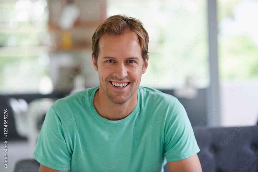 Home, sofa and man in portrait with smile for holiday, weekend off and relax in living room. House, male person and happiness with confidence for comfort, resting and pride on couch in lounge Home, sofa and man in portrait with smile for holiday, weekend off and relax in living room. House, male person and happiness with confidence for comfort, resting and pride on couch in lounge