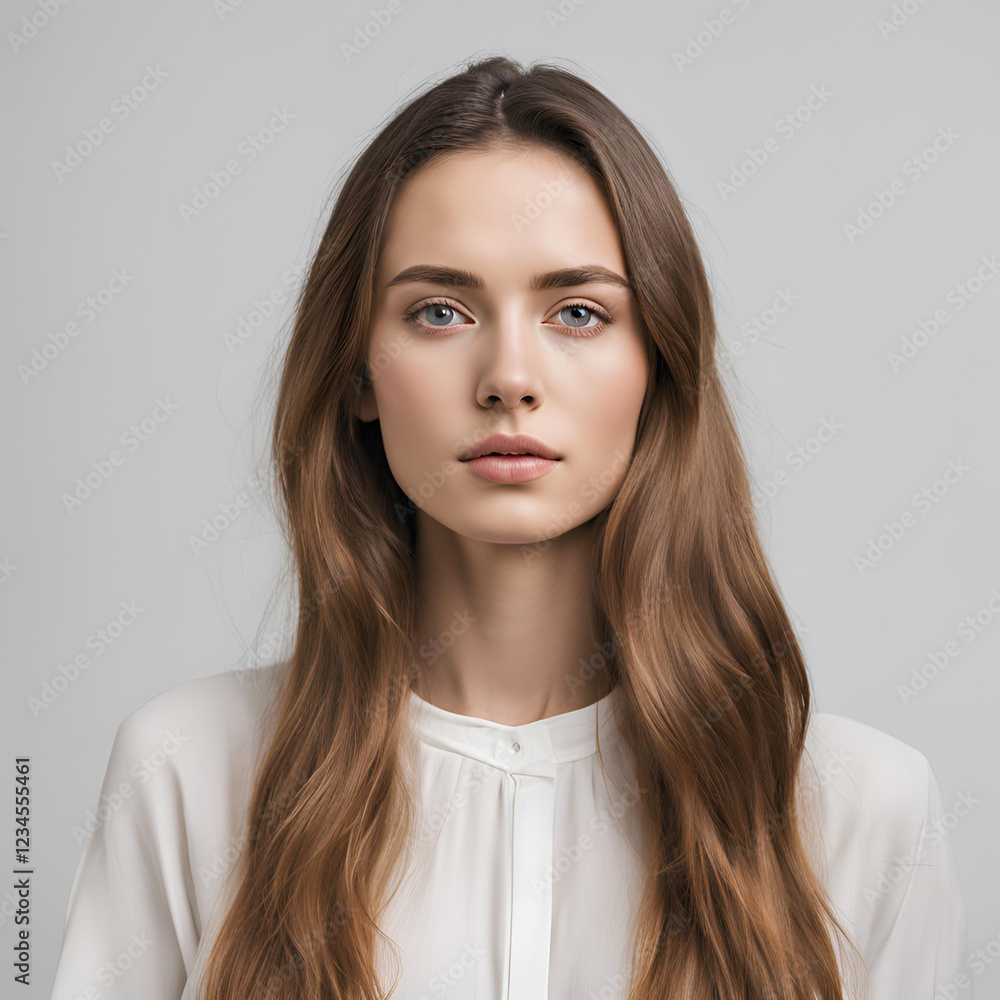 A minimalistic portrait of a woman with long, straight hair, wearing a simple white blouse. Her direct gaze and serene expression create a calm, poised atmosphere. A minimalistic portrait of a woman with long, straight hair, wearing a simple white blouse. Her direct gaze and serene expression create a calm, poised atmosphere.