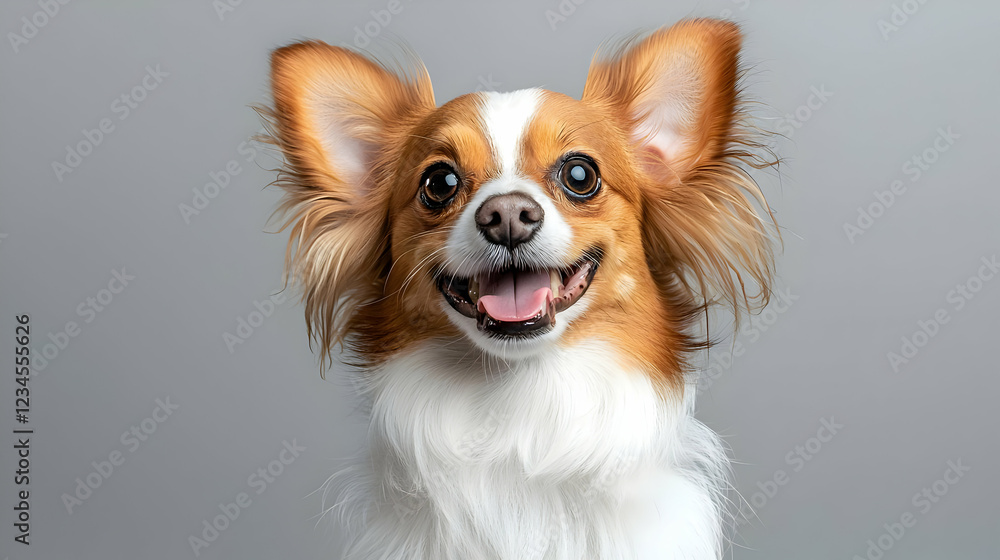 Happy long-haired chihuahua portrait, grey background Happy long-haired chihuahua portrait, grey background