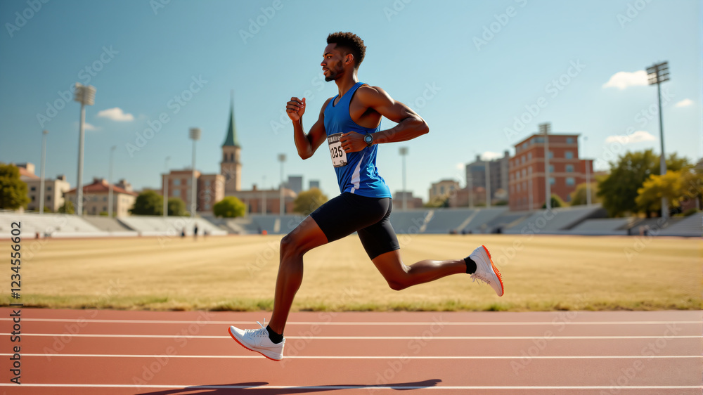 Fototapeta premium Athlete Sprinting on Track in Bright Stadium