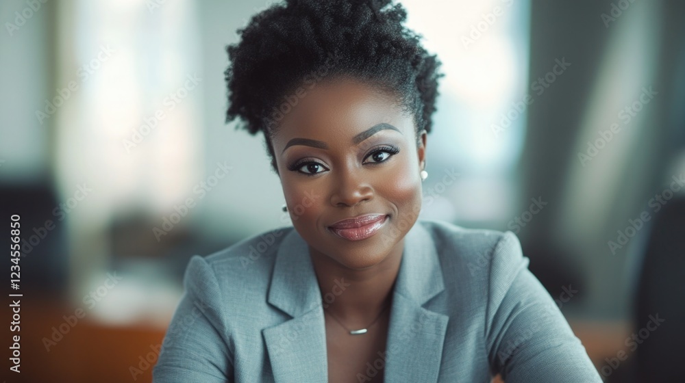 smiling business woman sitting at a desk in an office smiling business woman sitting at a desk in an office