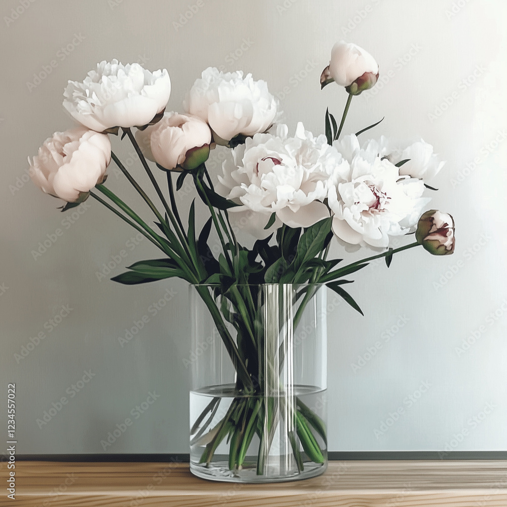 Fototapeta premium Serene Minimalist Peony Arrangement in Glass Cylinder Against Neutral Background