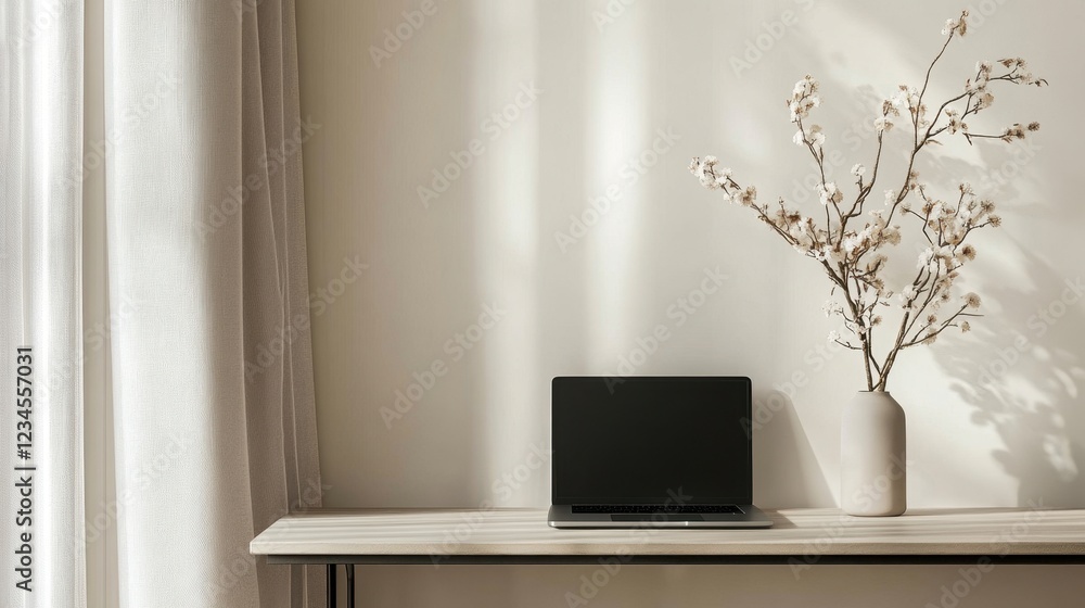 Fototapeta premium Minimalist workspace with a laptop and decorative flower vase