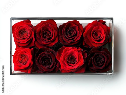 a bouquet of preserved roses in a luxury acrylic box, everlasting love gift, photorealistic digital painting, deep red and gold, isolated on white background