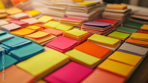 Post-it sheets in brainstorming meetings, Organized Colorful Sticky Notes in an Office Setting.