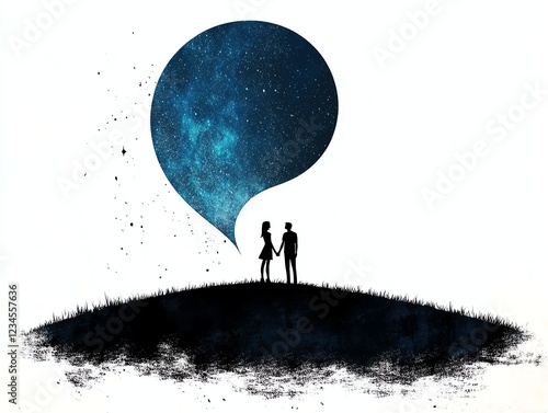 a couple holding hands under a starry sky, magical romantic night, fantasystyle illustration, deep blue and silver, isolated on white background photo