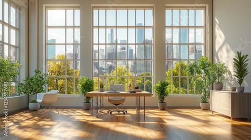 Fototapeta Naklejka Na Ścianę i Meble -  Modern office interior with city view, sunlight streaming through large windows
