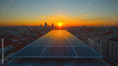 Wallpaper Mural Rooftop solar panels at sunset over city skyline Torontodigital.ca