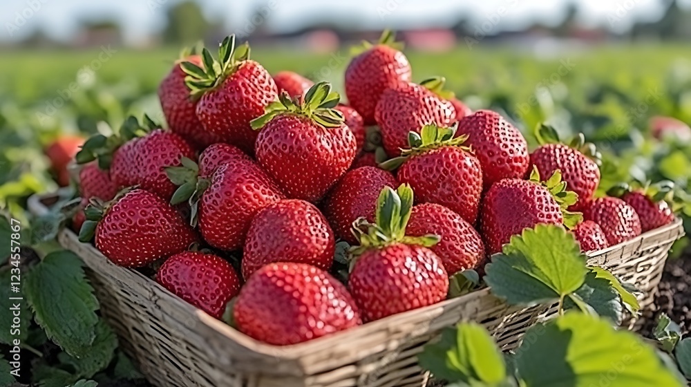 Freshly picked red ripe strawberries in a woven basket placed in a strawberry field Freshly picked red ripe strawberries in a woven basket placed in a strawberry field