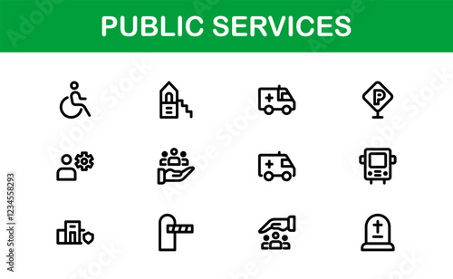 Public Services Icons. Scalable Outline Graphics for Civic, Infrastructure, and Community Service Applications