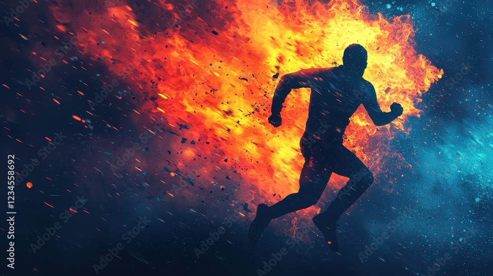 Naklejka premium A silhouette of a runner escapes a vibrant explosion, conveying urgency and action in a dramatic, fiery backdrop.