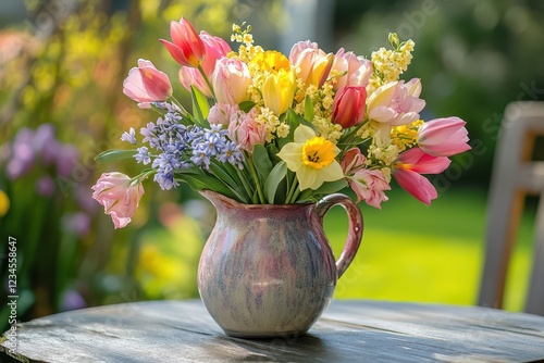 Wallpaper Mural Cheerful Spring Bouquet of Tulips, Daffodils, and Hyacinths in Pastel Colors, Placed in a Ceramic Jug on a Garden Table Torontodigital.ca
