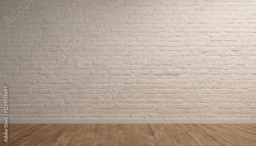 Empty Room with White Brick Wall and Wood Floor: A minimalist image showcasing a clean, empty room featuring a textured off-white brick wall and warm-toned hardwood floor.