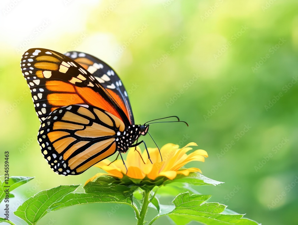 Monarch Butterfly Sitting Gracefully on Yellow Flower Petal in Lush Green Garden Monarch Butterfly Sitting Gracefully on Yellow Flower Petal in Lush Green Garden