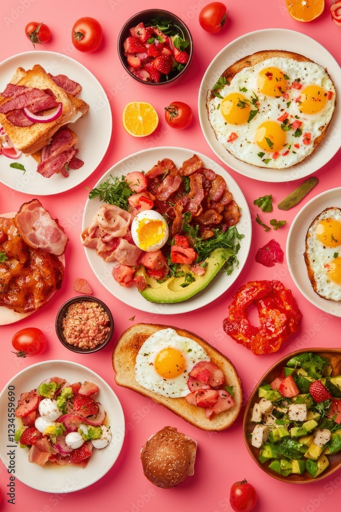 A vibrant and delicious breakfast spread featuring eggs bacon and fresh fruit A vibrant and delicious breakfast spread featuring eggs bacon and fresh fruit