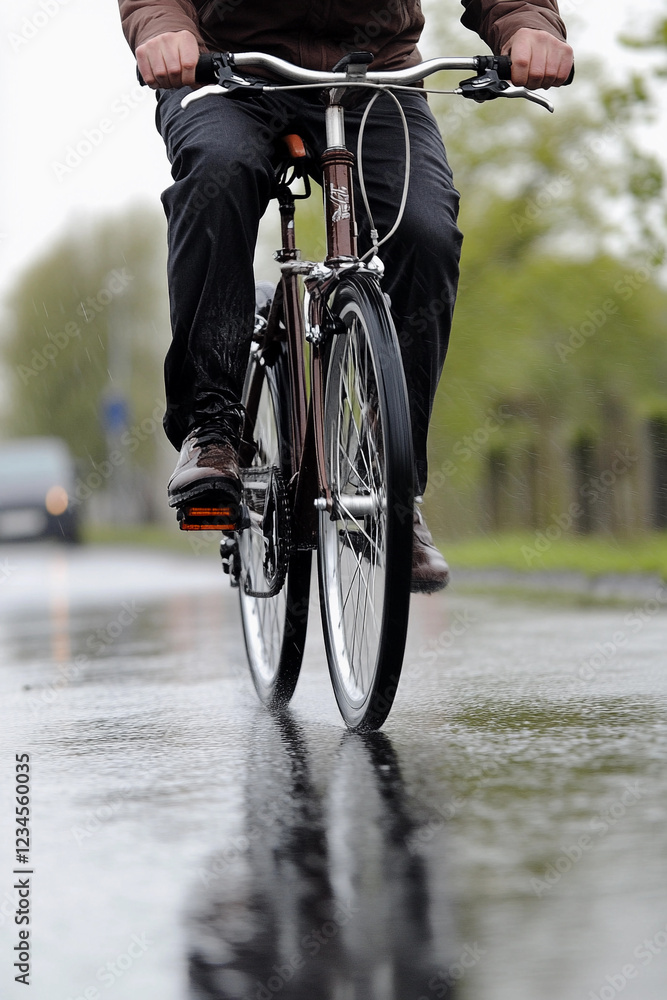 Naklejka premium Biking on a rainy street in a green neighborhood