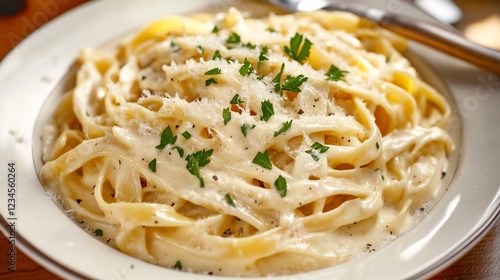 Plate of fettuccine Alfredo a creamy sauce garnished with fresh parsley and Parmesan