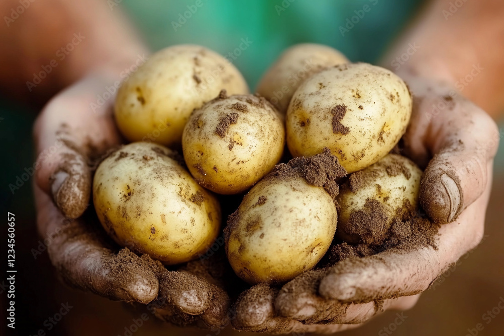 Freshly harvested potatoes held by dirty hands Freshly harvested potatoes held by dirty hands