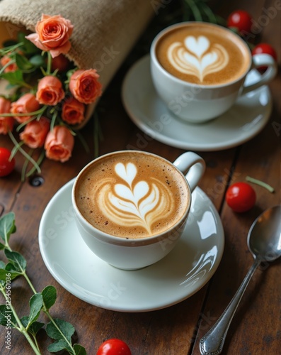 Wallpaper Mural A table with a bouquet of flowers and two coffee cups. The cups are arranged in a row, the cups are white and have saucers. There is also a tomato and greens on the table. Generative AI. Torontodigital.ca