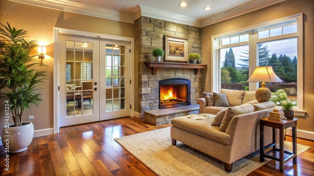 Warm and inviting living room with open door leading to a cozy space, fireplace, open door, fireplace Warm and inviting living room with open door leading to a cozy space, fireplace, open door, fireplace