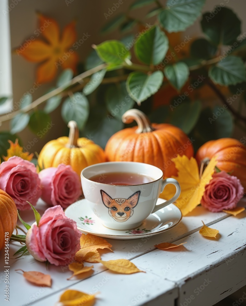 A cup with a dog on it sits on a table with a vase of flowers and a bowl of pumpkins A cup with a dog on it sits on a table with a vase of flowers and a bowl of pumpkins