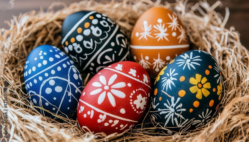 Fototapeta premium Colorful Hand-Painted Eggs Nestled in a Straw Basket