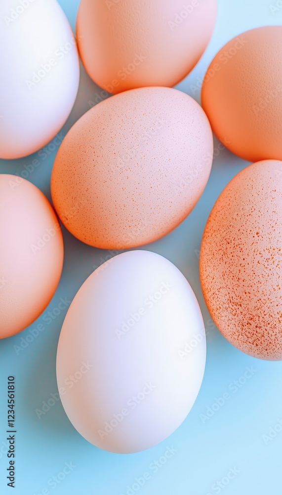 Fresh Eggs on Blue Surface, Natural and Organic Farm Background Fresh Eggs on Blue Surface, Natural and Organic Farm Background
