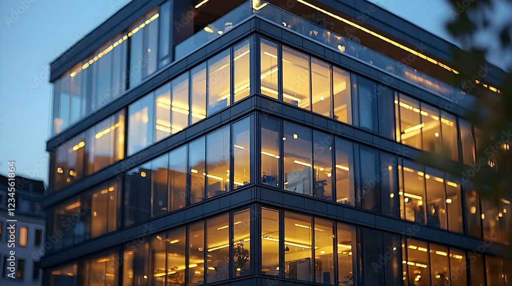 Modern office building at dusk, city lights Modern office building at dusk, city lights