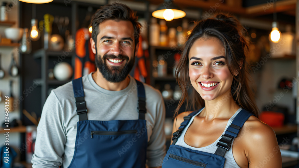 Smiling Couple in Work Attire at a Workshop Smiling Couple in Work Attire at a Workshop